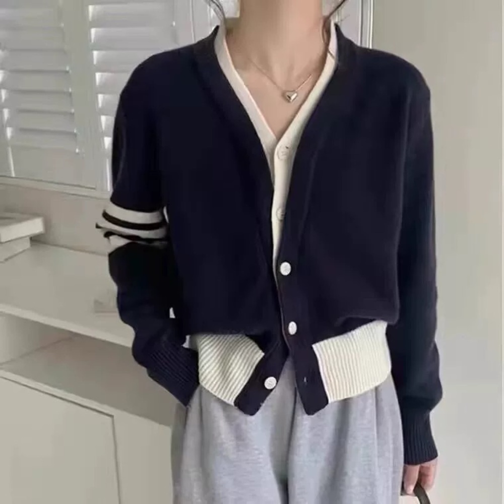 Dark blue and White Cardigan with Striped Sleeve